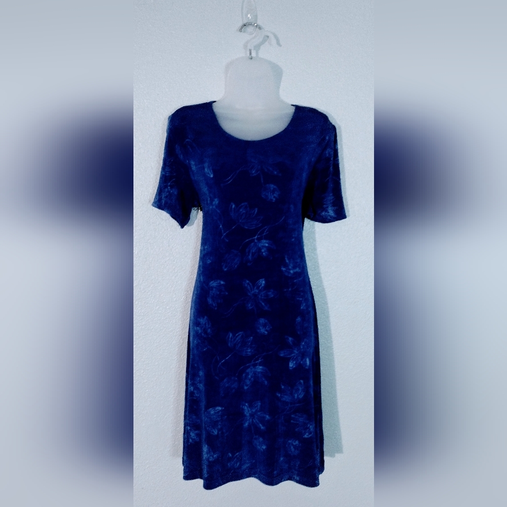 Royal Blue Embedded Floral Print Slinky Fabric Dress